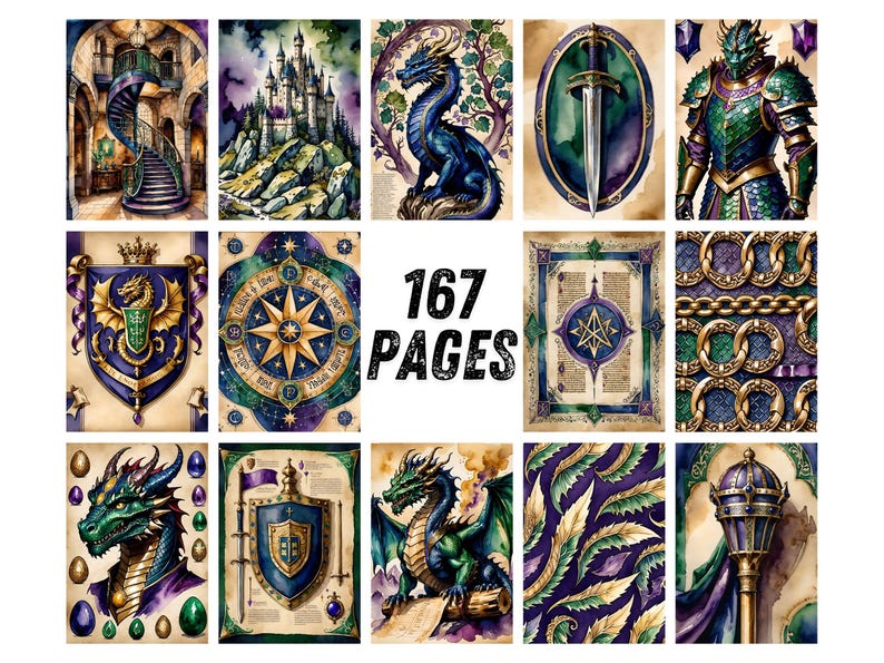 Dragon Junk Journal Pages, Medieval Fantasy Scrapbook Paper, Knight Castle Printable Ephemera, Gothic Watercolor Fantasy Art Journal Kit image 6