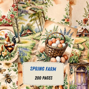 May include: Watercolor collage with a farm theme. Features a rooster with chicks, a basket of eggs, and rural landscapes with flowers and buildings. The text "SPRING FARM" and "200 PAGES" are displayed on a cream-colored banner.