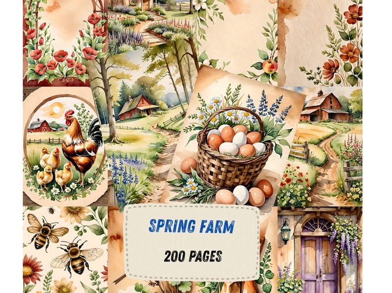 May include: Watercolor collage with a farm theme. Features a rooster with chicks, a basket of eggs, and rural landscapes with flowers and buildings. The text "SPRING FARM" and "200 PAGES" are displayed on a cream-colored banner.