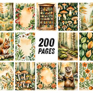 以下が含まれることがあります： 森の風景、キノコ、リス、花の模様を描いた水彩イラストのコレクション。「200 PAGES」の文字が大きく表示されています。暖かく、親しみやすい色使いの作品です。