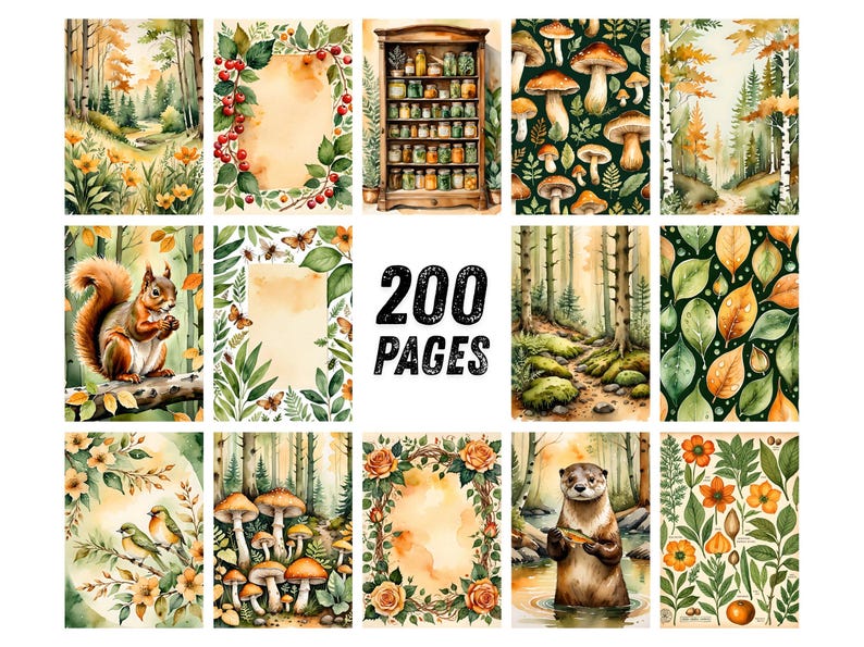 以下が含まれることがあります： 森の風景、キノコ、リス、花の模様を描いた水彩イラストのコレクション。「200 PAGES」の文字が大きく表示されています。暖かく、親しみやすい色使いの作品です。