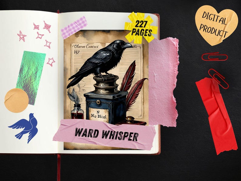 Gothic Junk Journal Pages, Dark Academia Scrapbook Paper, Halloween Raven Printable Ephemera, Moody Skull Watercolor Witchy Art Journal Kit image 4