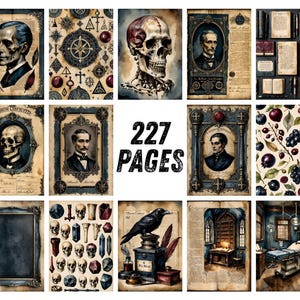 Gothic Junk Journal Pages, Dark Academia Scrapbook Paper, Halloween Raven Printable Ephemera, Moody Skull Watercolor Witchy Art Journal Kit image 6