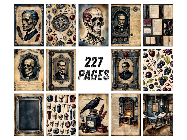 Gothic Junk Journal Pages, Dark Academia Scrapbook Paper, Halloween Raven Printable Ephemera, Moody Skull Watercolor Witchy Art Journal Kit image 6