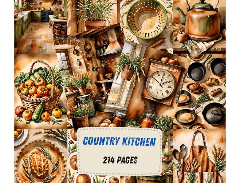 May include: A collage of kitchen-themed illustrations featuring a basket of vegetables, a copper kettle, cast iron pans, a wall clock labeled Kitchen & Richan, and a central label reading Country Kitchen 214 Pages, showcasing various culinary scenes.