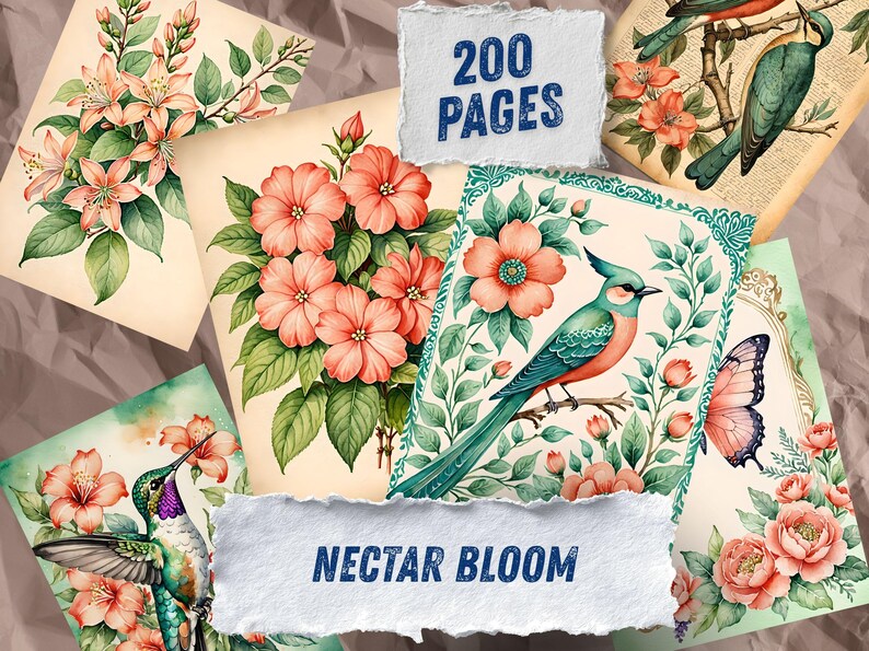 Pu&ograve; includere: Una collezione di stampe artistiche ad acquerello con illustrazioni floreali e di uccelli. Le stampe mostrano fiori rosa e pesca, colibr&igrave; e uccelli. Il testo "200 PAGES" e "NECTAR BLOOM" &egrave; visibile.