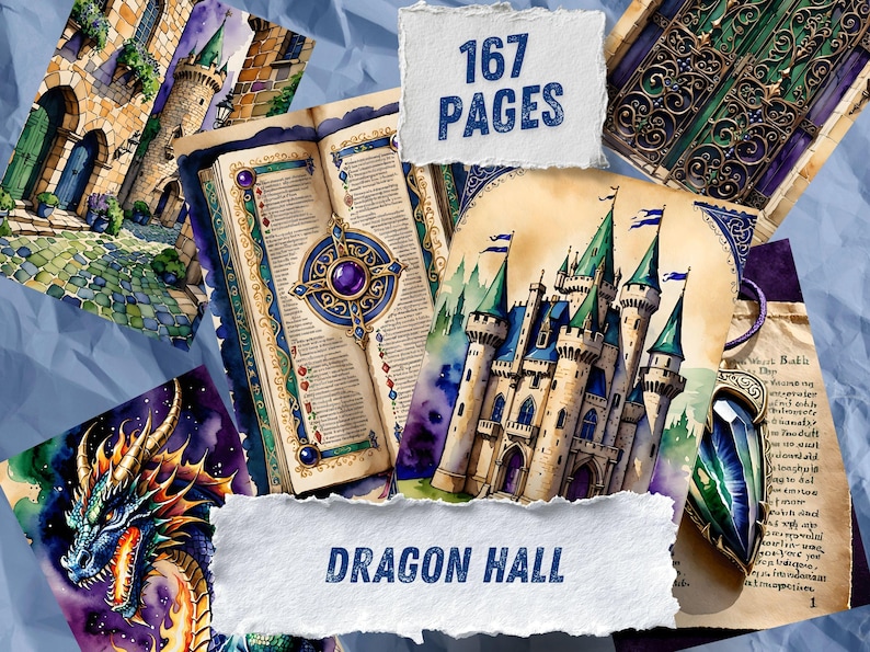 May include: A collection of fantasy-themed illustrations featuring a stone castle, an open book with a purple gemstone, a dragon head, and ornate metal gates. The text 167 PAGES and DRAGON HALL is printed on torn paper overlays against a blue background.