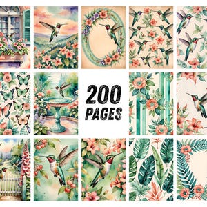 Pu&ograve; includere: Una collezione di illustrazioni ad acquerello con colibr&igrave;, fiori, farfalle e scene di giardino. Le immagini sono in morbidi colori pastello con un'estetica vintage. Il testo "200 PAGES" &egrave; ben visibile.