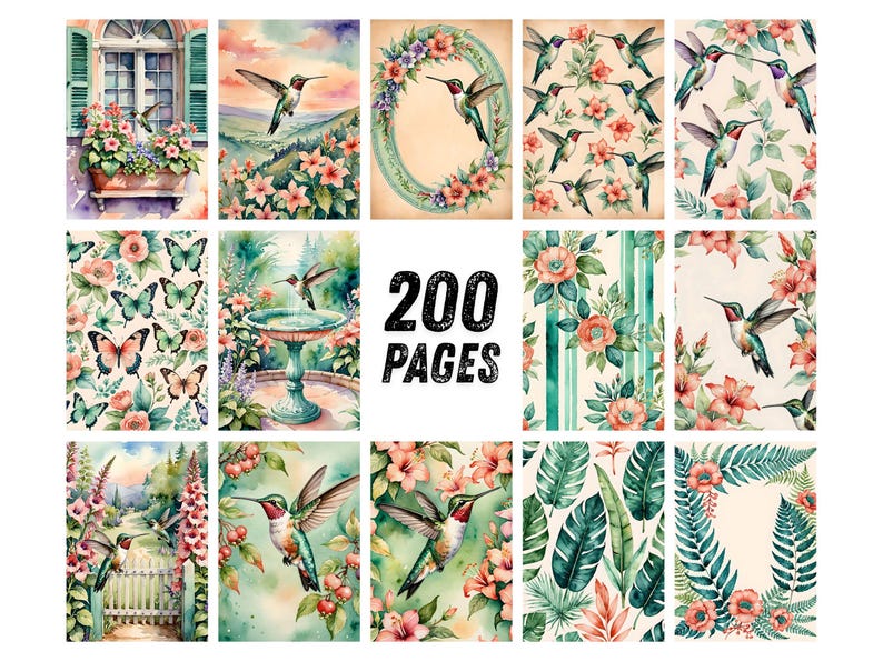 Pu&ograve; includere: Una collezione di illustrazioni ad acquerello con colibr&igrave;, fiori, farfalle e scene di giardino. Le immagini sono in morbidi colori pastello con un'estetica vintage. Il testo "200 PAGES" &egrave; ben visibile.