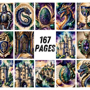 Dragon Junk Journal Pages, Medieval Fantasy Scrapbook Paper, Knight Castle Printable Ephemera, Gothic Watercolor Fantasy Art Journal Kit image 8