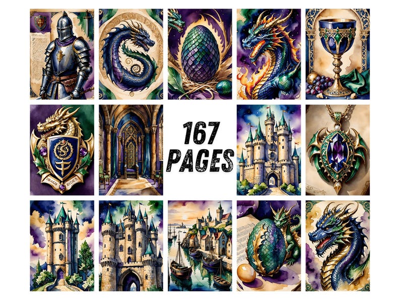 Dragon Junk Journal Pages, Medieval Fantasy Scrapbook Paper, Knight Castle Printable Ephemera, Gothic Watercolor Fantasy Art Journal Kit image 8