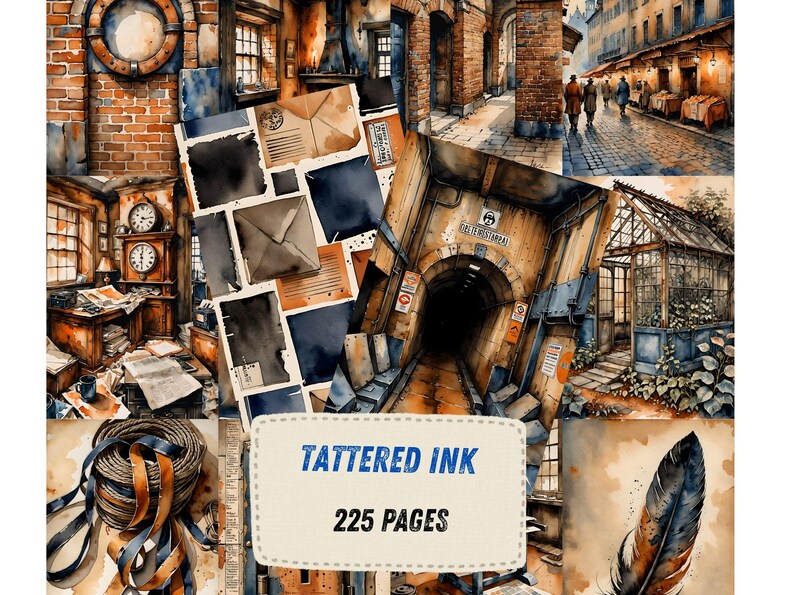 Páginas para diário de arte industrial com estilo vintage, papel para scrapbook urbano, itens imprimíveis steampunk, kit de diário de arte grunge em aquarela com tema de tijolos. imagem 2