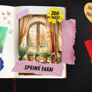 May include: A digital product notebook with a watercolor illustration of a window with plants. The notebook has 200 pages and the words "Spring Farm" are displayed on a pink banner. Decorative elements include paper clips and stickers.