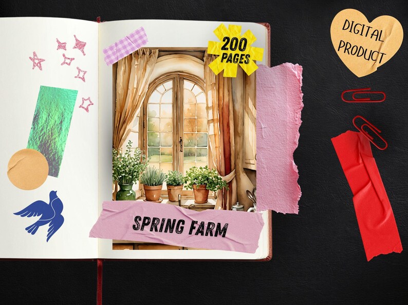 May include: A digital product notebook with a watercolor illustration of a window with plants. The notebook has 200 pages and the words "Spring Farm" are displayed on a pink banner. Decorative elements include paper clips and stickers.