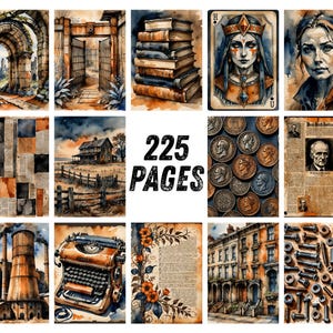 Páginas para diário de arte industrial com estilo vintage, papel para scrapbook urbano, itens imprimíveis steampunk, kit de diário de arte grunge em aquarela com tema de tijolos. imagem 9