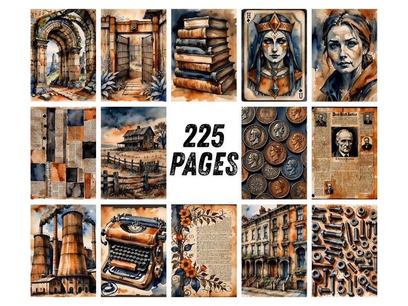 Páginas para diário de arte industrial com estilo vintage, papel para scrapbook urbano, itens imprimíveis steampunk, kit de diário de arte grunge em aquarela com tema de tijolos. imagem 9