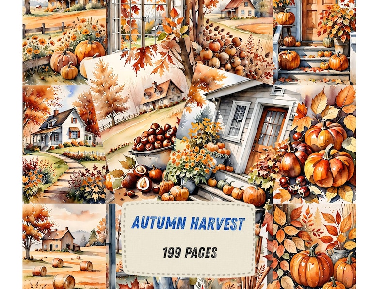 Autumn Countryside Ephemera Printables, Pumpkin Porch Farmhouse Scrapbook Paper, Chestnut Hay Bale Collage Sheets, Cottage Junk Journal Kit image 1