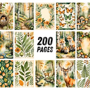 以下が含まれることがあります： 水彩画のイラスト集。森の風景、キツネや鹿などの動物、葉の植物図鑑、そして「200 PAGES」の文字が含まれています。緑、茶色、オレンジ色が基調の、自然をテーマにしたイラストです。