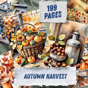 Autumn Countryside Ephemera Printables, Pumpkin Porch Farmhouse Scrapbook Paper, Chestnut Hay Bale Collage Sheets, Cottage Junk Journal Kit image 2