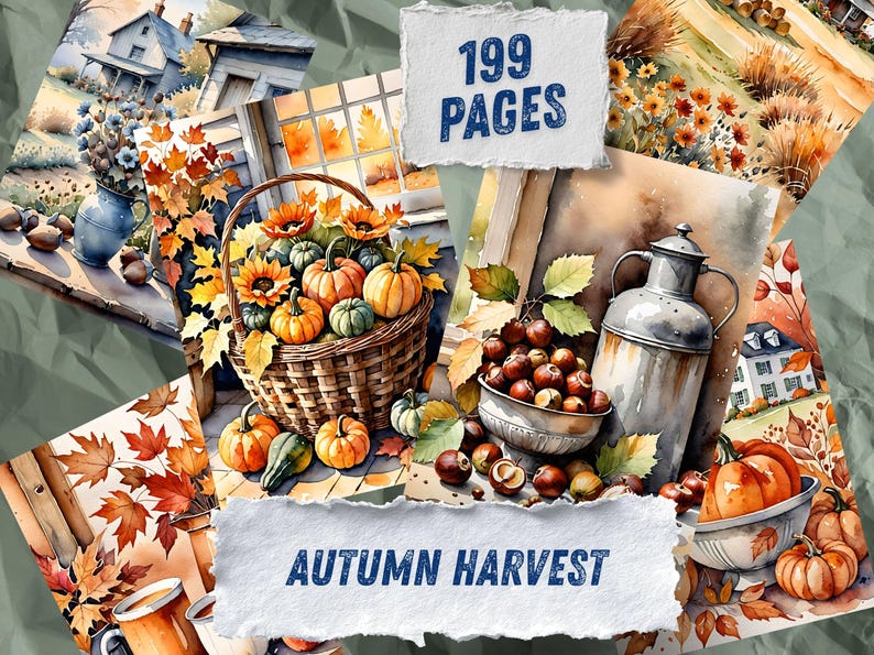 Autumn Countryside Ephemera Printables, Pumpkin Porch Farmhouse Scrapbook Paper, Chestnut Hay Bale Collage Sheets, Cottage Junk Journal Kit image 2