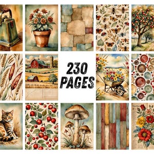 May include: A collection of 230 pages featuring watercolor illustrations including a green kettle, potted flowers, a stone wall, bees, an apple tree, wheat, a red barn, a wheelbarrow, buttons, a cat, berries, mushrooms, wood planks, and flowers.