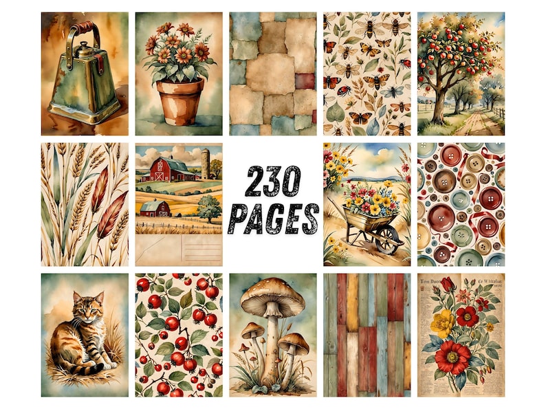 May include: A collection of 230 pages featuring watercolor illustrations including a green kettle, potted flowers, a stone wall, bees, an apple tree, wheat, a red barn, a wheelbarrow, buttons, a cat, berries, mushrooms, wood planks, and flowers.
