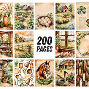 May include: A collection of watercolor illustrations with a rustic, farmhouse theme. The images include scenes of gardens, barns, eggs, and floral arrangements. The text "200 PAGES" is prominently displayed in the center, suggesting a journal or book.