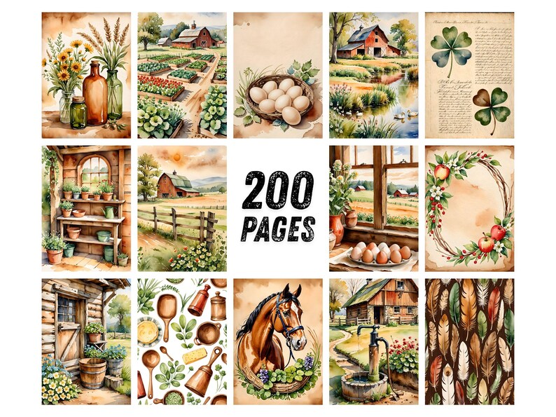 May include: A collection of watercolor illustrations with a rustic, farmhouse theme. The images include scenes of gardens, barns, eggs, and floral arrangements. The text "200 PAGES" is prominently displayed in the center, suggesting a journal or book.