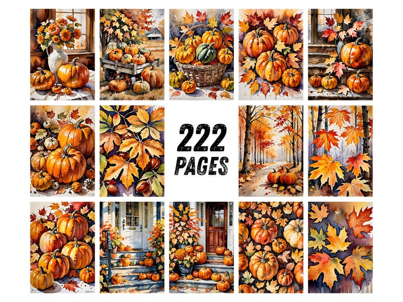 Autumn Dreams Watercolor Junk Journal Pages, Pumpkin Fall Leaves Scrapbook Paper, Cozy Cider Season Printable Ephemera, Rustic Craft Kit image 6