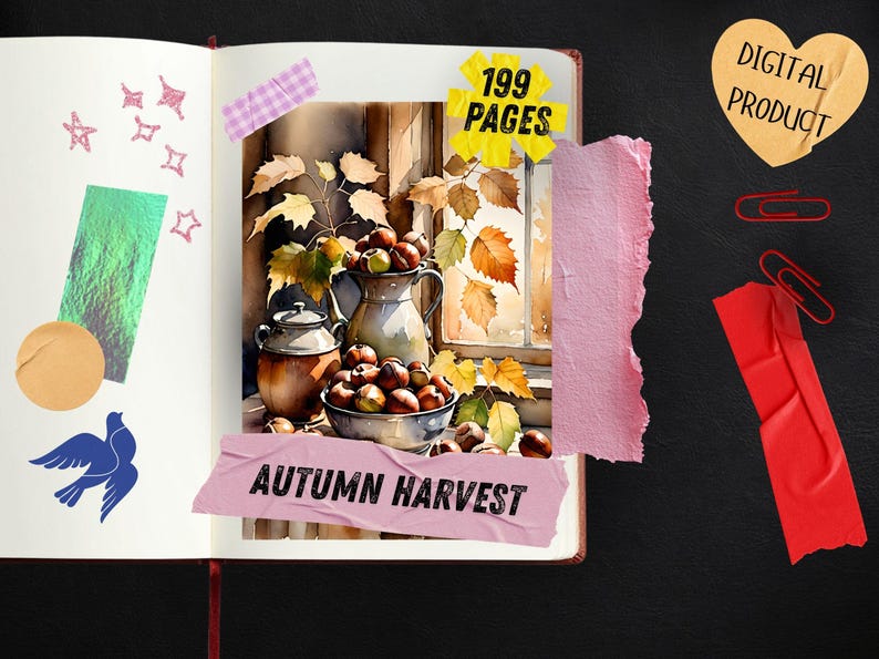 Autumn Countryside Ephemera Printables, Pumpkin Porch Farmhouse Scrapbook Paper, Chestnut Hay Bale Collage Sheets, Cottage Junk Journal Kit image 4