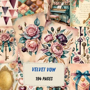 K&ouml;nnte beinhalten: Eine digitale Papiersammlung mit Blumenarrangements aus Rosen, antiken Schl&uuml;sseln, herzf&ouml;rmigen Geschenkboxen und Wimpelketten. Das zentrale Etikett zeigt den Text VELVET VOW und 194 PAGES. Die Farbpalette umfasst sanfte Rosa-, Blau- und Cremet&ouml;ne.