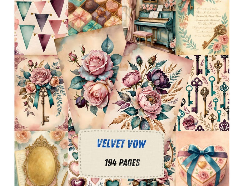 K&ouml;nnte beinhalten: Eine digitale Papiersammlung mit Blumenarrangements aus Rosen, antiken Schl&uuml;sseln, herzf&ouml;rmigen Geschenkboxen und Wimpelketten. Das zentrale Etikett zeigt den Text VELVET VOW und 194 PAGES. Die Farbpalette umfasst sanfte Rosa-, Blau- und Cremet&ouml;ne.