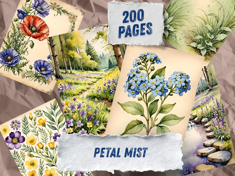 Lavender Meadow Ephemera, Poppy Countryside Scrapbook Paper, Bluebell Landscape Collage, Cottagecore Junk Journal Kit, Instant Download image 2