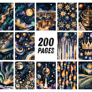 May include: A collection of watercolor illustrations with celestial and night sky themes. The images feature moons, stars, planets, and landscapes in shades of blue, purple, and gold. The text "200 PAGES" is displayed in the center.