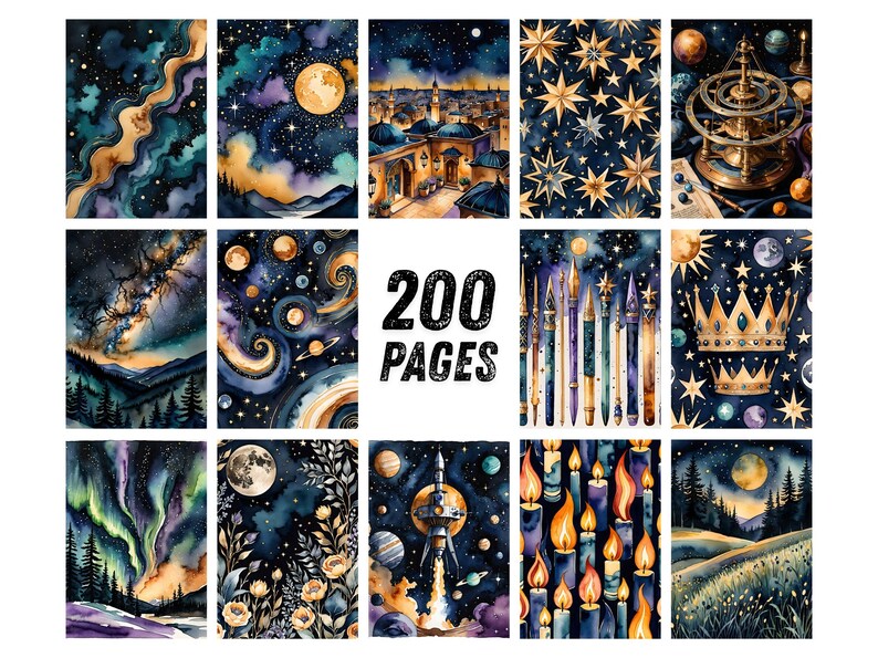 May include: A collection of watercolor illustrations with celestial and night sky themes. The images feature moons, stars, planets, and landscapes in shades of blue, purple, and gold. The text "200 PAGES" is displayed in the center.