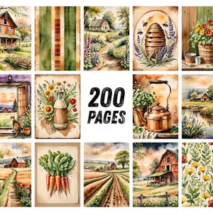 May include: A collection of watercolor illustrations featuring rural scenes. Images include a farmhouse, garden, beehive, flowers, and a bottle of milk. The text "200 PAGES" is displayed in the center.