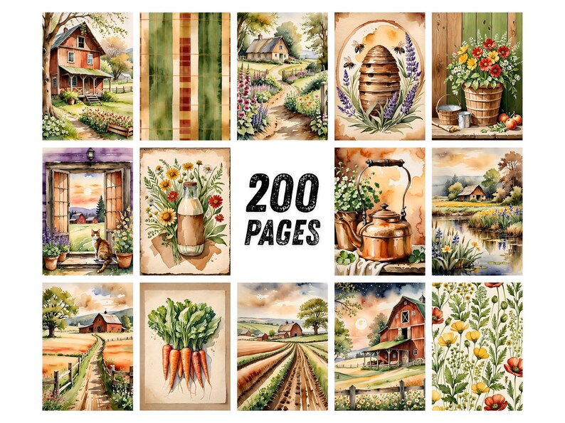 May include: A collection of watercolor illustrations featuring rural scenes. Images include a farmhouse, garden, beehive, flowers, and a bottle of milk. The text "200 PAGES" is displayed in the center.