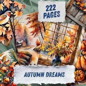 Autumn Dreams Watercolor Junk Journal Pages, Pumpkin Fall Leaves Scrapbook Paper, Cozy Cider Season Printable Ephemera, Rustic Craft Kit image 2