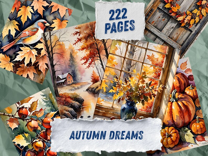 Autumn Dreams Watercolor Junk Journal Pages, Pumpkin Fall Leaves Scrapbook Paper, Cozy Cider Season Printable Ephemera, Rustic Craft Kit image 2