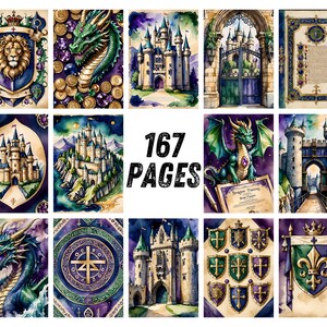 Dragon Junk Journal Pages, Medieval Fantasy Scrapbook Paper, Knight Castle Printable Ephemera, Gothic Watercolor Fantasy Art Journal Kit image 7