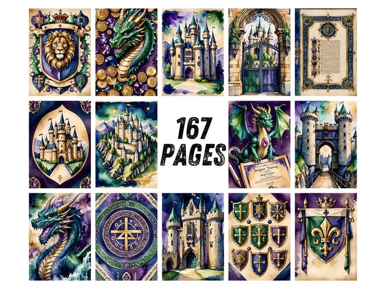 Dragon Junk Journal Pages, Medieval Fantasy Scrapbook Paper, Knight Castle Printable Ephemera, Gothic Watercolor Fantasy Art Journal Kit image 7