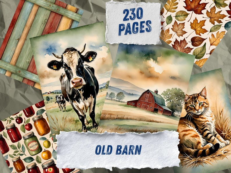 May include: A collection of printed pages featuring watercolor illustrations of a black and white cow in a field, a red barn in a landscape, a tabby cat, autumn leaves, mason jars with fruit, and wooden planks, with the text 230 PAGES OLD BARN.