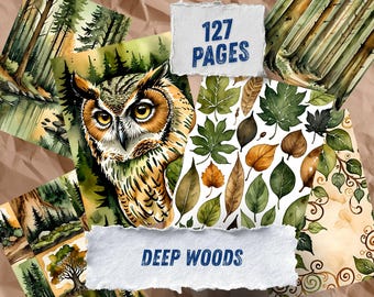 Misty Pine Forest Ephemera Printables, Evergreen Woodland Scrapbook Paper, Owl Fern Acorn Moss Collage Sheets, Forestcore Junk Journal Kit