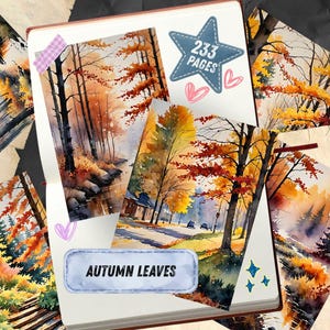 Autumn Leaves Watercolor Junk Journal Pages, Woodland Forest Scrapbook Paper, Fox Deer Owl Squirrel Printable Ephemera, Rustic Fall Craft image 3