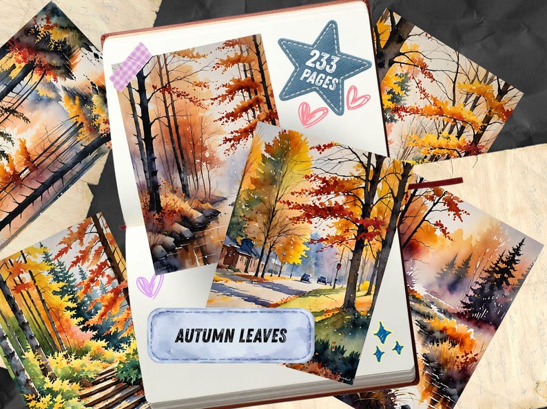 Autumn Leaves Watercolor Junk Journal Pages, Woodland Forest Scrapbook Paper, Fox Deer Owl Squirrel Printable Ephemera, Rustic Fall Craft image 3