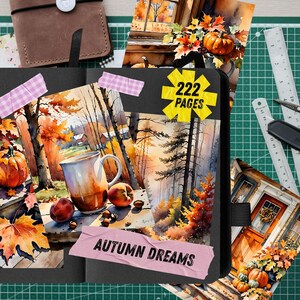 Autumn Dreams Watercolor Junk Journal Pages, Pumpkin Fall Leaves Scrapbook Paper, Cozy Cider Season Printable Ephemera, Rustic Craft Kit image 5
