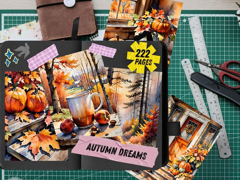 Autumn Dreams Watercolor Junk Journal Pages, Pumpkin Fall Leaves Scrapbook Paper, Cozy Cider Season Printable Ephemera, Rustic Craft Kit image 5