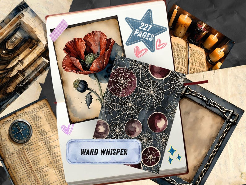 Gothic Junk Journal Pages, Dark Academia Scrapbook Paper, Halloween Raven Printable Ephemera, Moody Skull Watercolor Witchy Art Journal Kit image 3