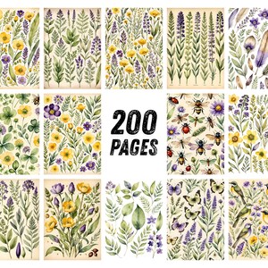May include: A collection of watercolor illustrations featuring botanical designs with flowers, leaves, and insects. The images showcase a variety of plants in yellow, purple, and green hues. The text "200 PAGES" is displayed in the center.