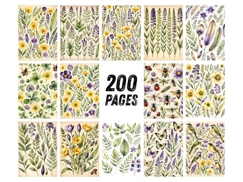 May include: A collection of watercolor illustrations featuring botanical designs with flowers, leaves, and insects. The images showcase a variety of plants in yellow, purple, and green hues. The text "200 PAGES" is displayed in the center.
